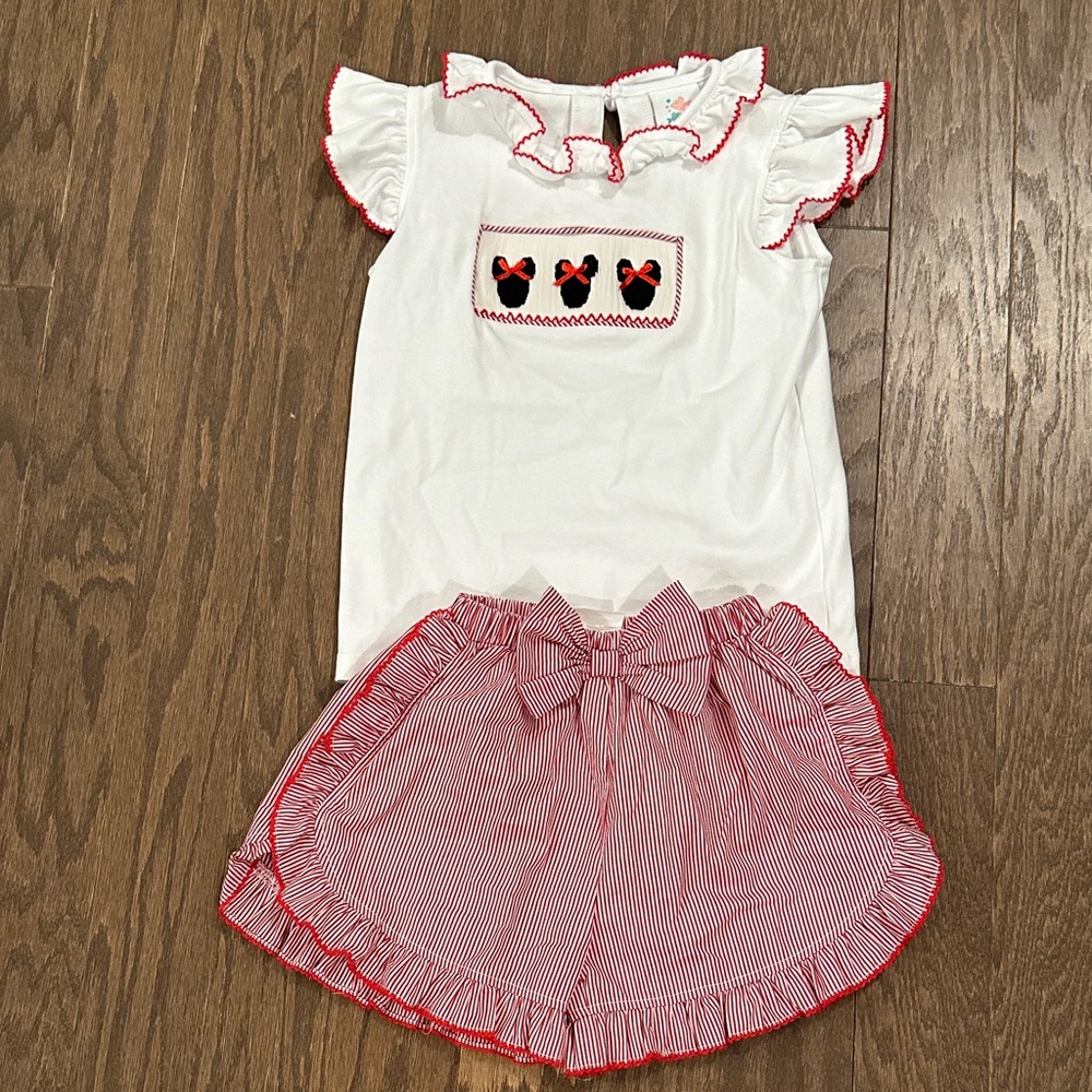 StitchyFish Minnie Mouse White and Red Ruffle Top and Shorts Set